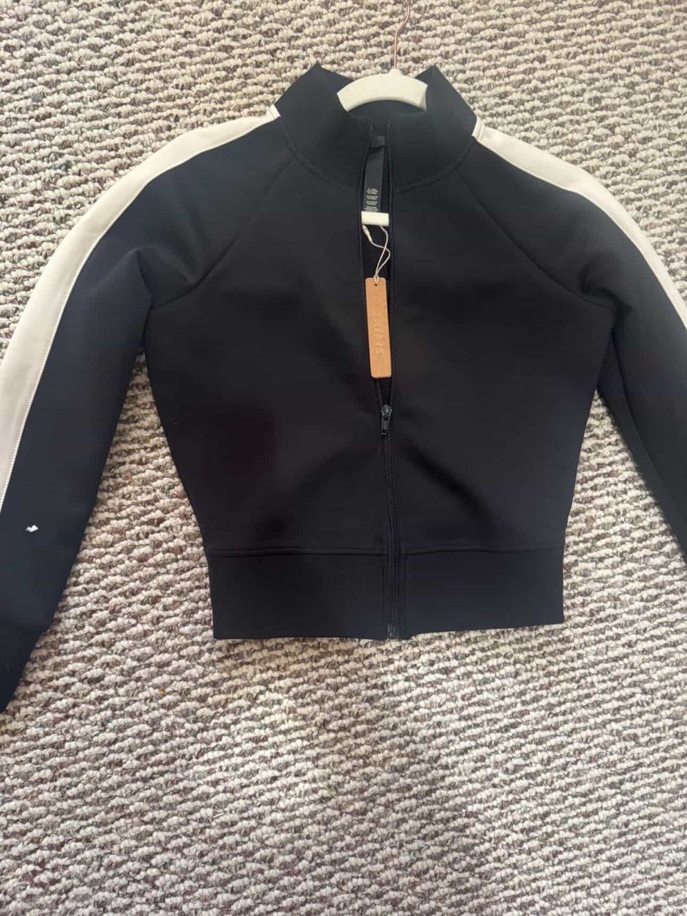 SKIMS Black Bomber Jacket with White Sleeve Stripes